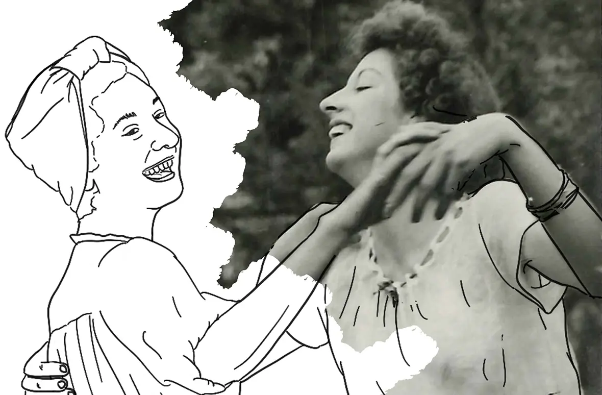 Half black and white picture and half outline showing two woman dancing