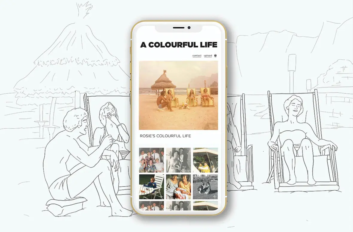 A colourful life website shown on a mobile device picturing a page from Rosie's colourful life book.