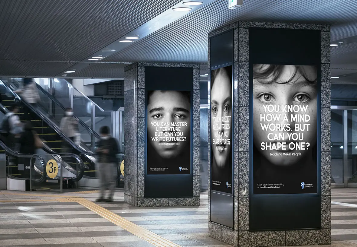 Three teacher recruitment posters shown in an underground tube station.