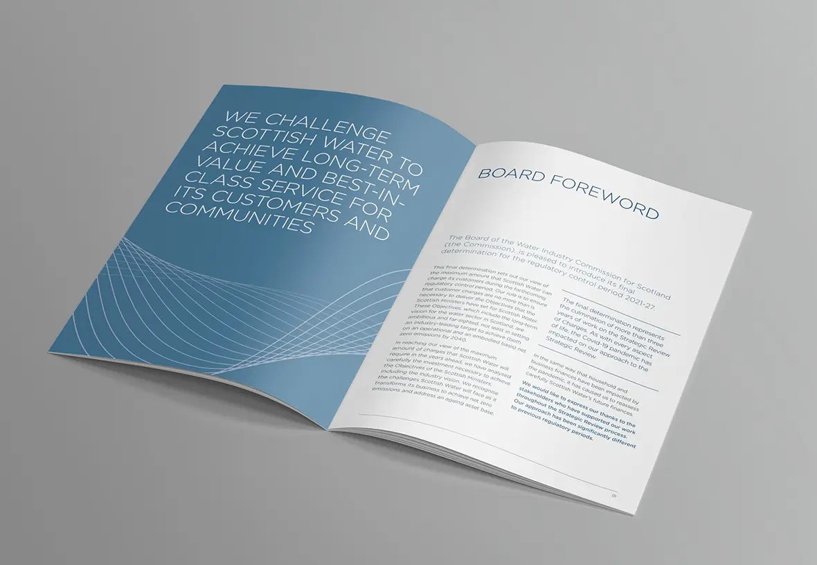 WICs A4 brochure, open displaying two pages with the headlines 'We challenge Scottish water to achieve long-term value and best-in-class service for its customers and communities' and 'Board foreword'