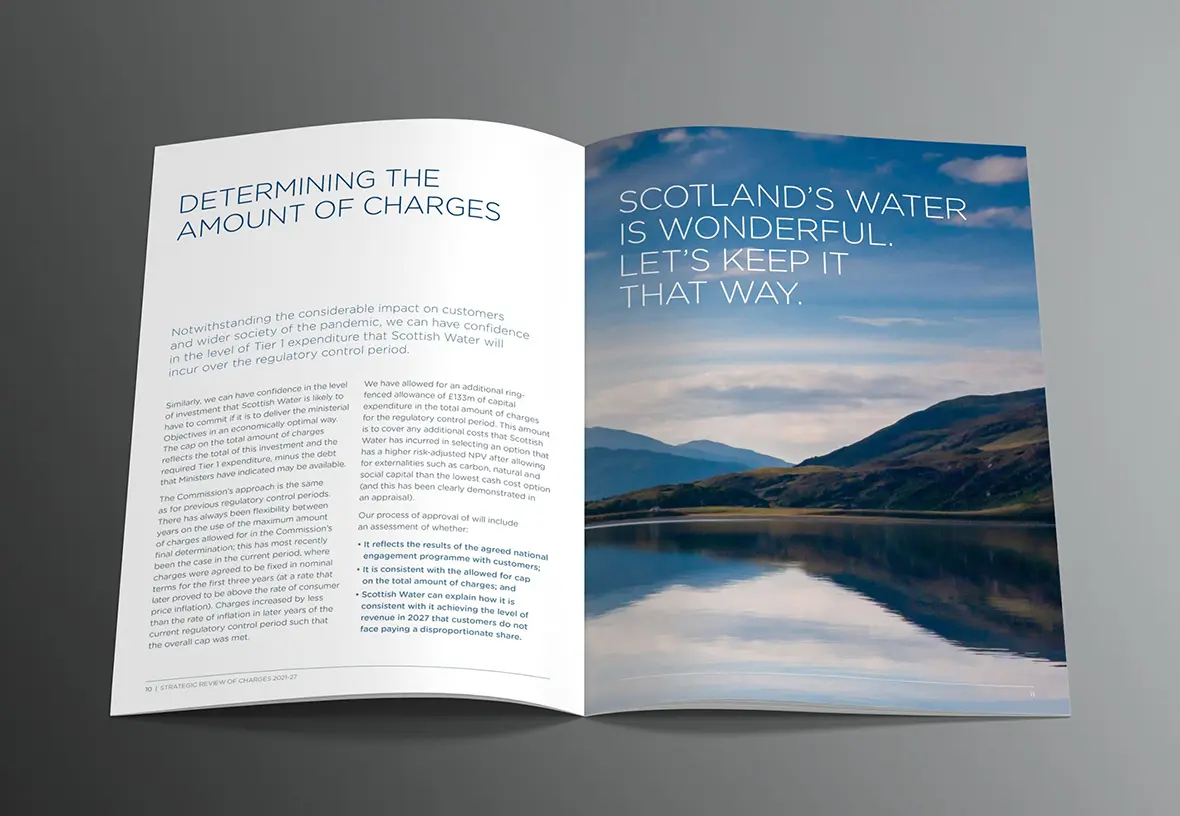 WICs A4 brochure open showing a couple of pages with the headlines 'Determining the amount of charges' and 'Scotland's water is wonderful. Let's keep it that way.'