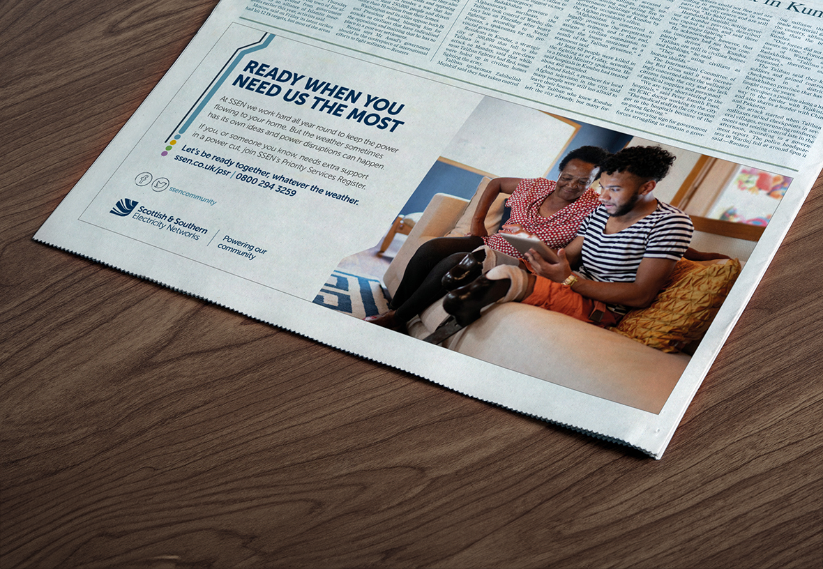 Scottish and Southern Electricity Networks newspaper advertisement with the headline 'Ready when you need us most'