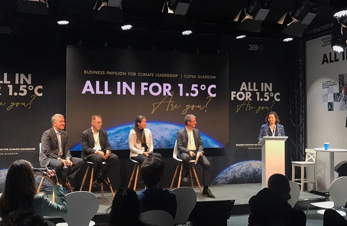 Photograph of the panel at the Business Pavilion for climate leadership | Cop26 Glasgow