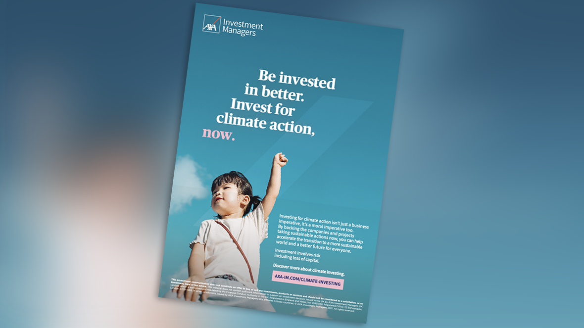 AXA Investment Managers brochure front cover with title 'Be invested in better. Invest for climate action, now.