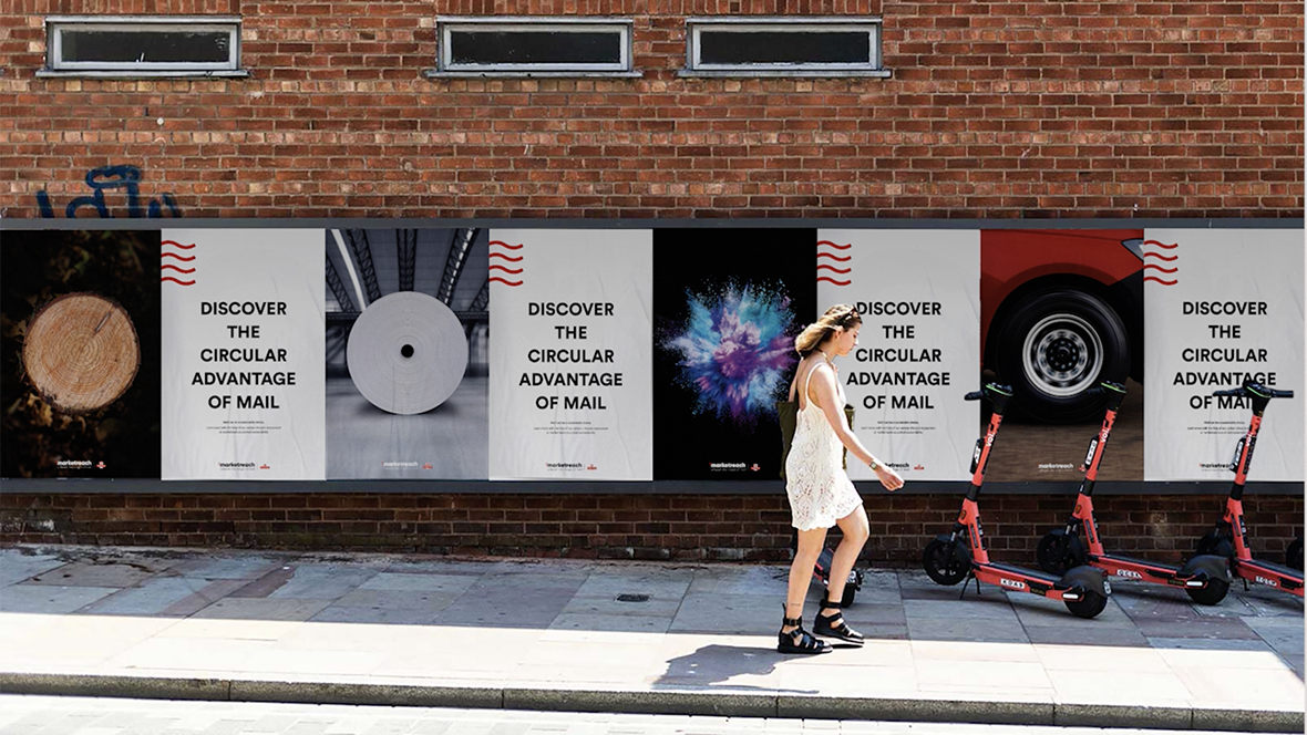 Royal Mail - four posters being displayed outside on a wall in a row with electric scooters in front and a woman walking past, headline reads 'Discover the circular advantage of mail'