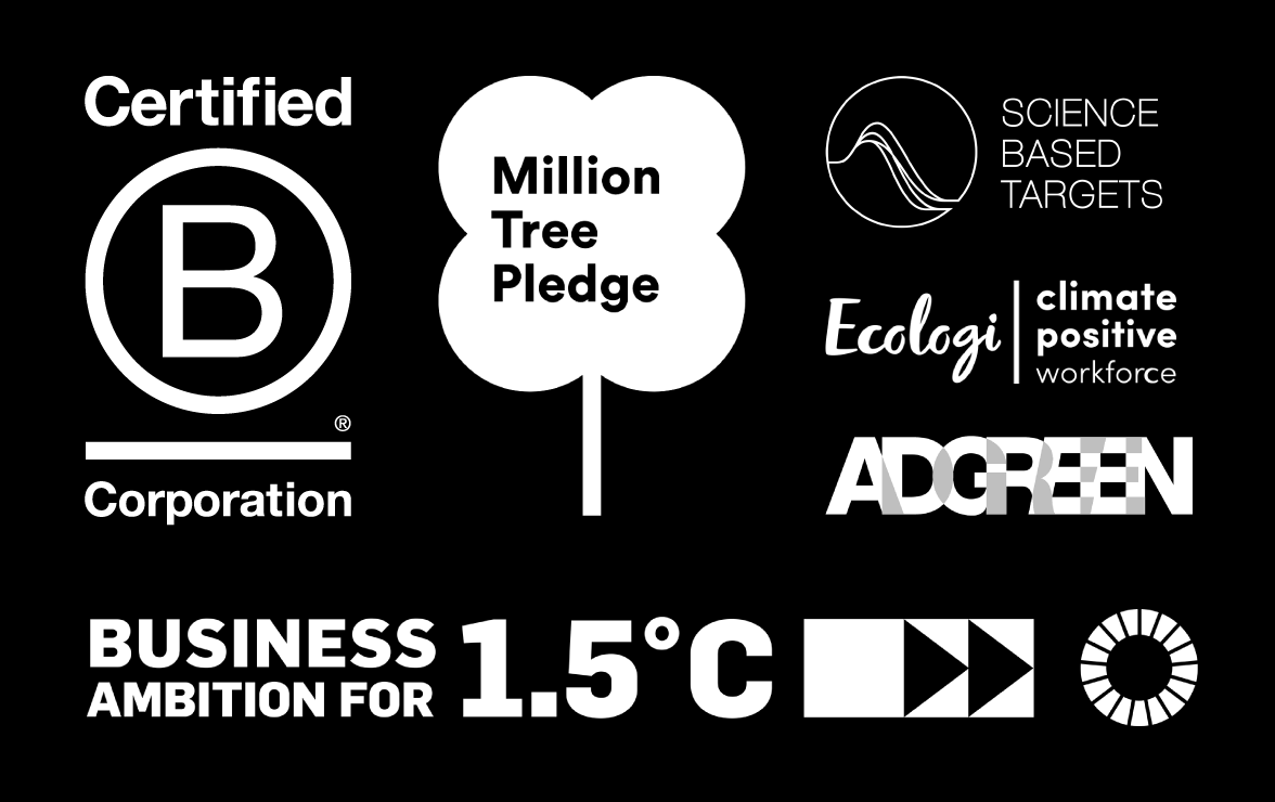 The Gate Edinburgh Logo lockup including - Certified B Corporation, Million tree pledge, Science based targets, Ecologi Climate Positive workforce, Adgreen, Business ambition for 1.5 degrees centigrade.